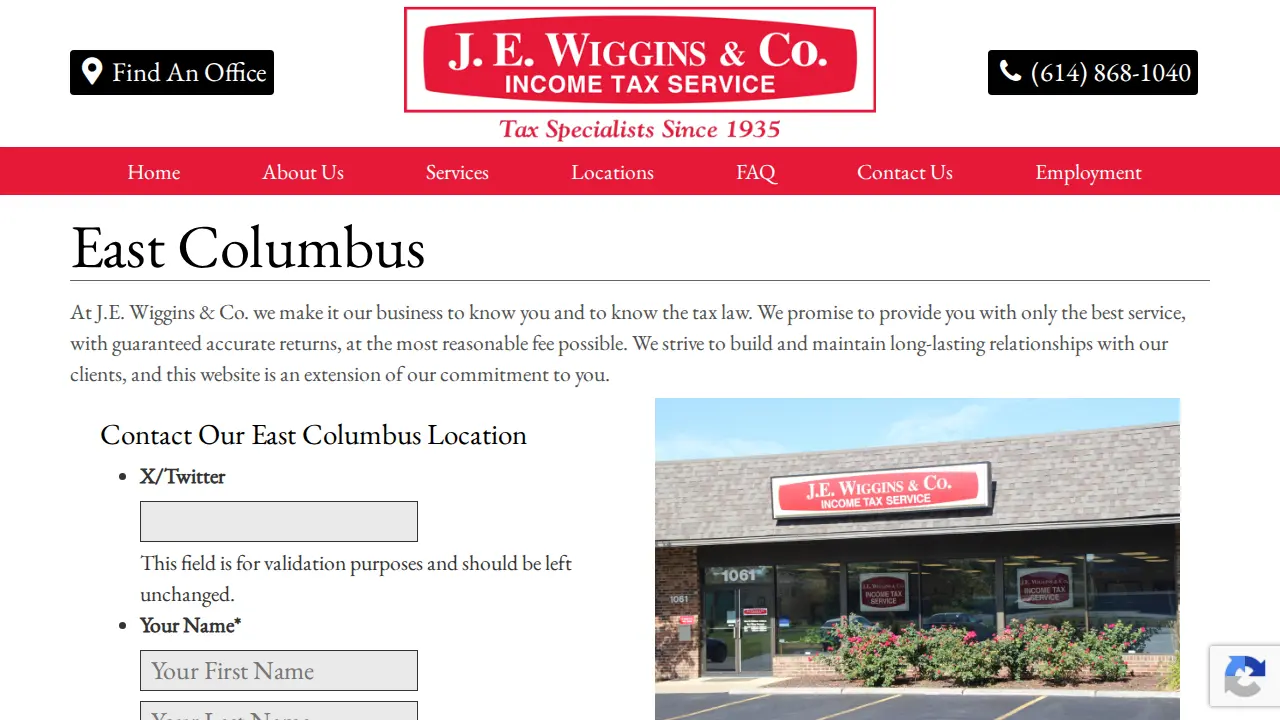J. E. Wiggins & Co. Income Tax Service page