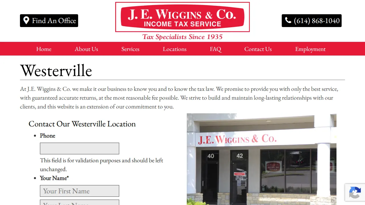 J. E. Wiggins & Co. Income Tax Service page