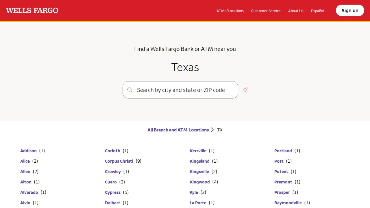 Wells Fargo Bank page