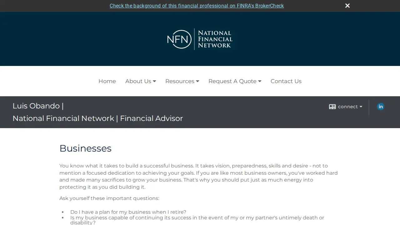 Luis Obando, Financial Advisor page