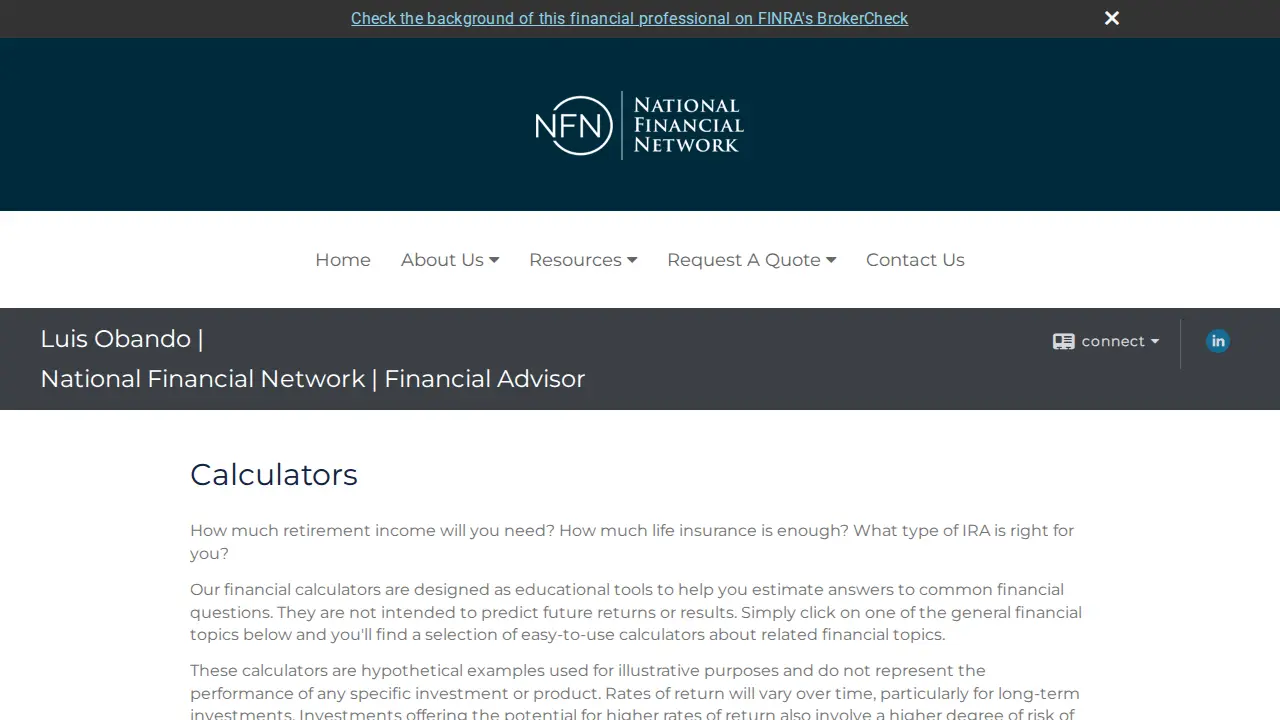 Luis Obando, Financial Advisor page