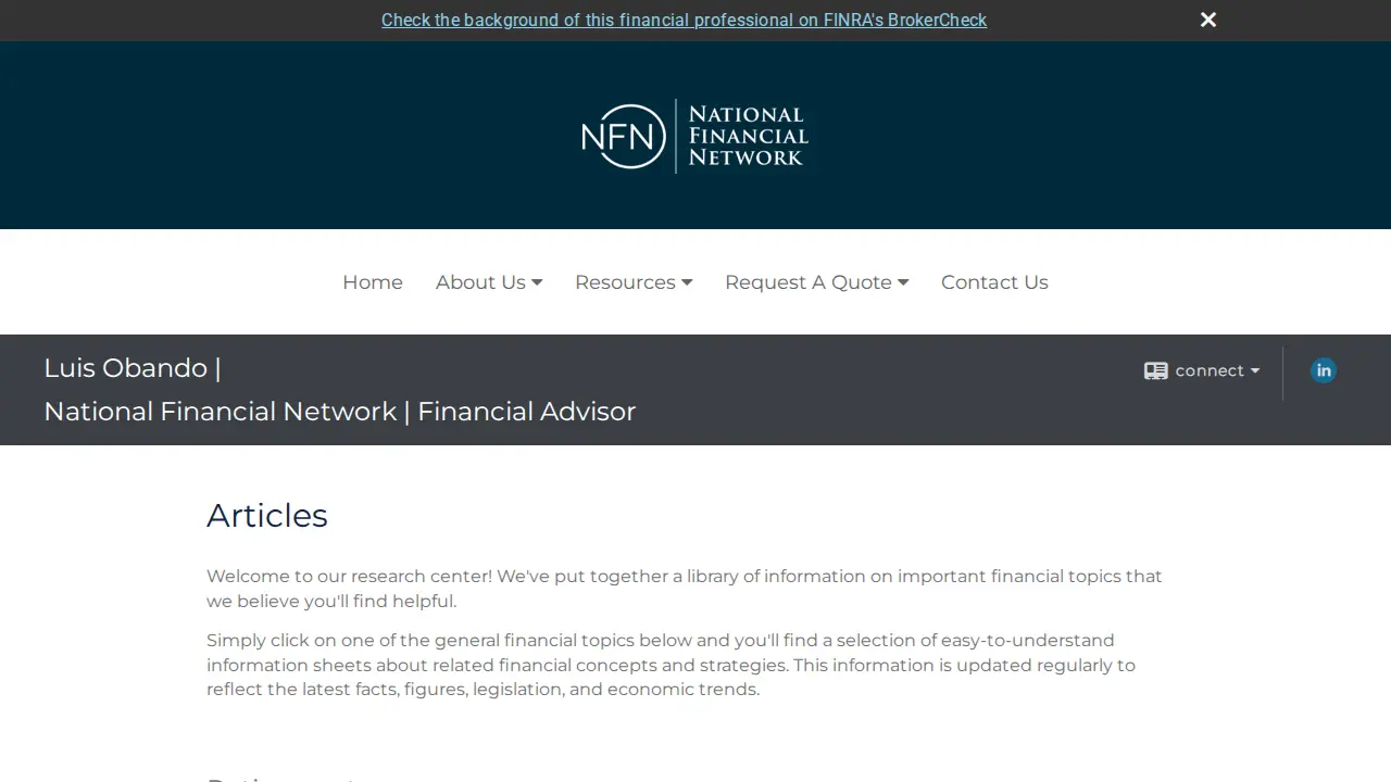 Luis Obando, Financial Advisor page