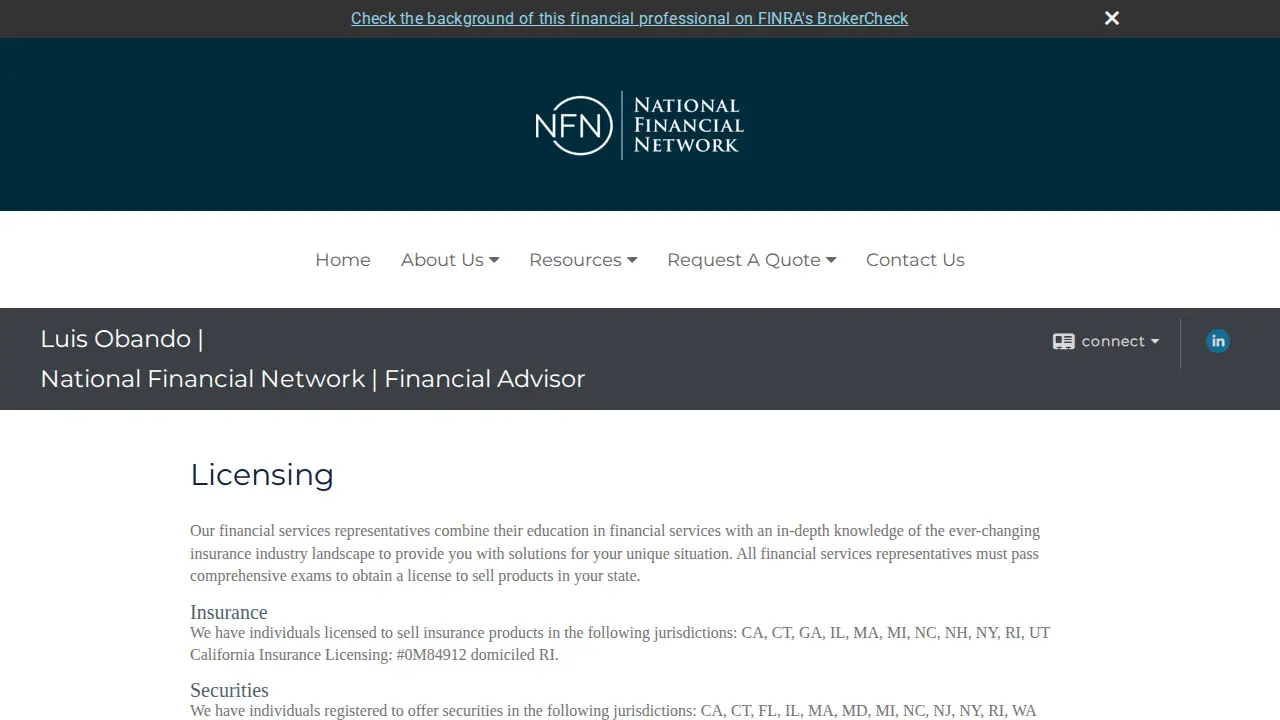 Luis Obando, Financial Advisor page