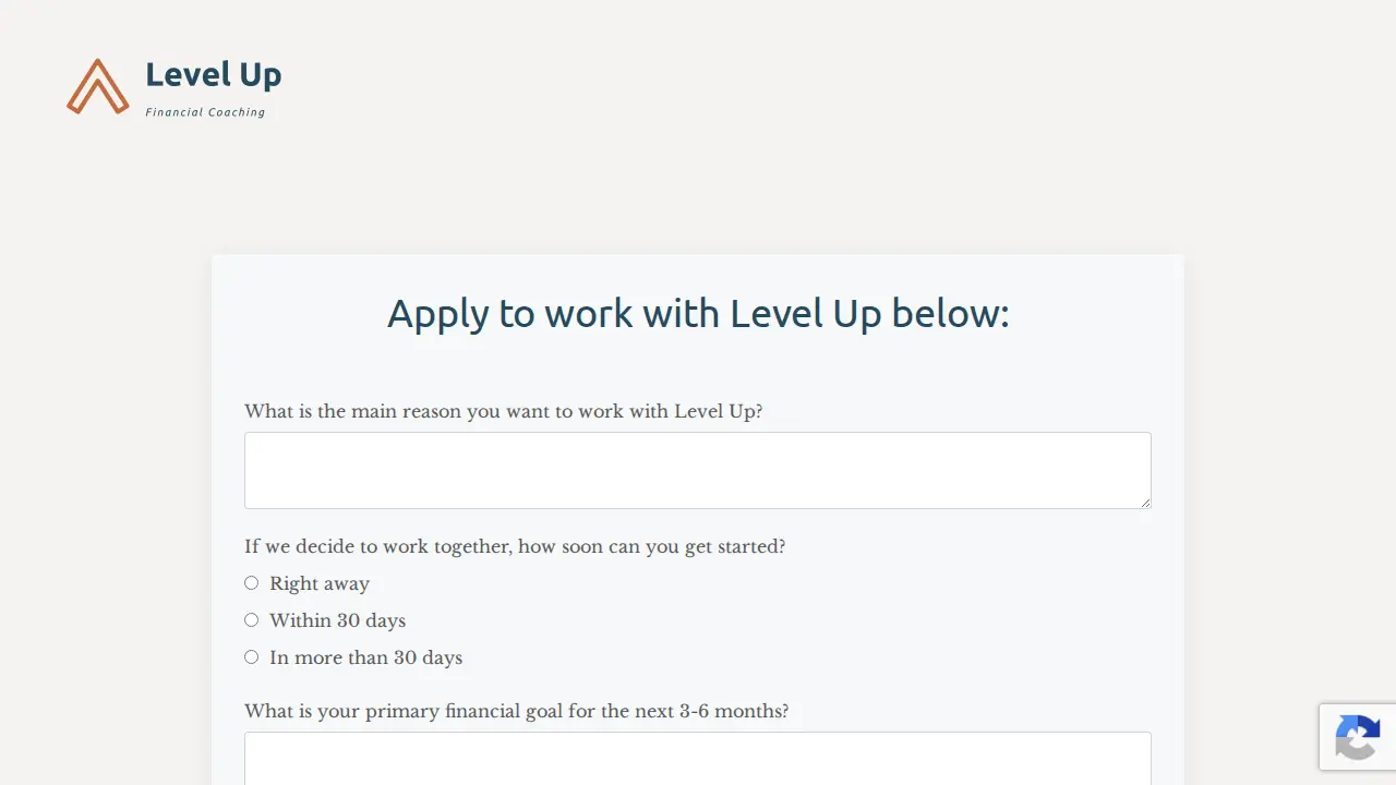 Level Up Financial Coaching page