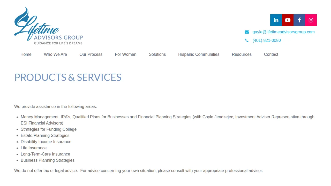 Lifetime Advisors Group page