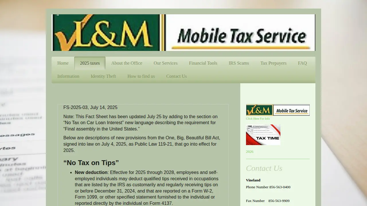 L & M Mobil Tax Services page