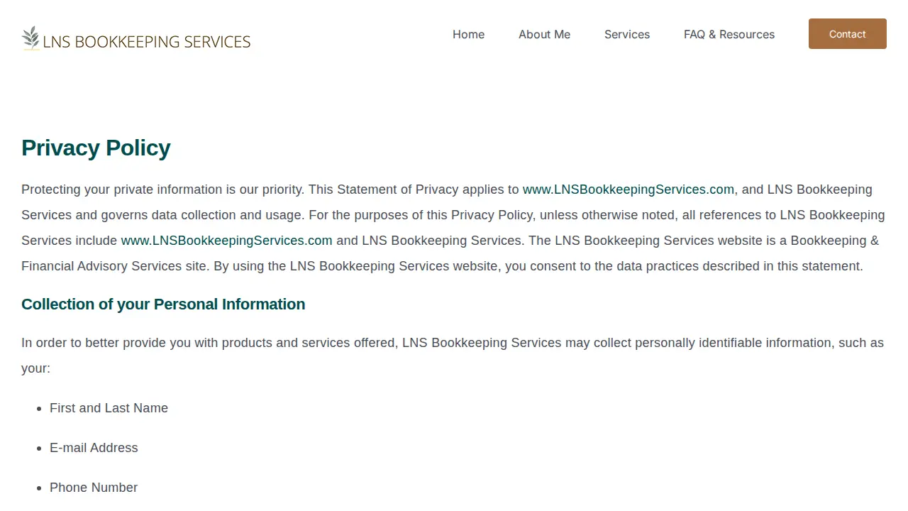 LNS Bookkeeping Services page