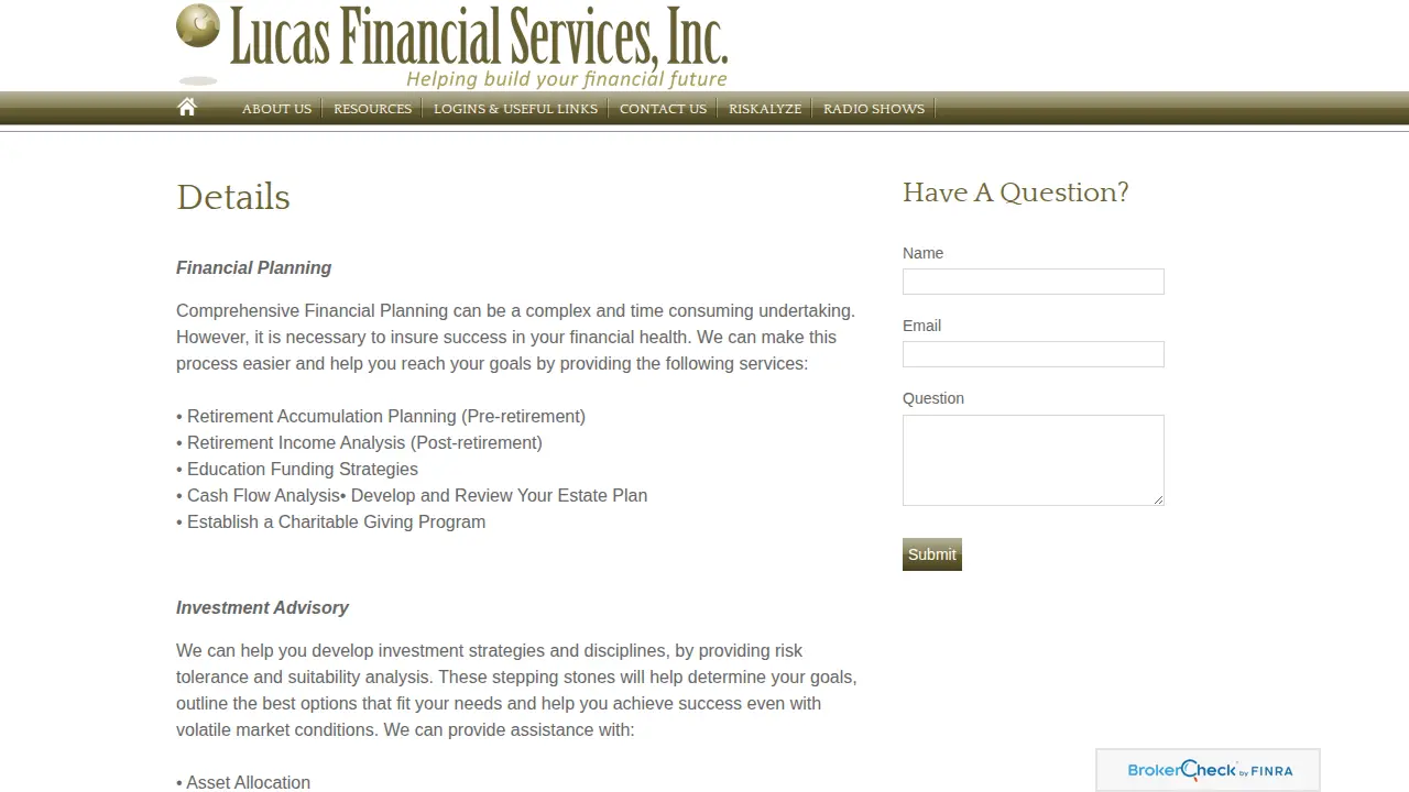 Lucas Financial Services page
