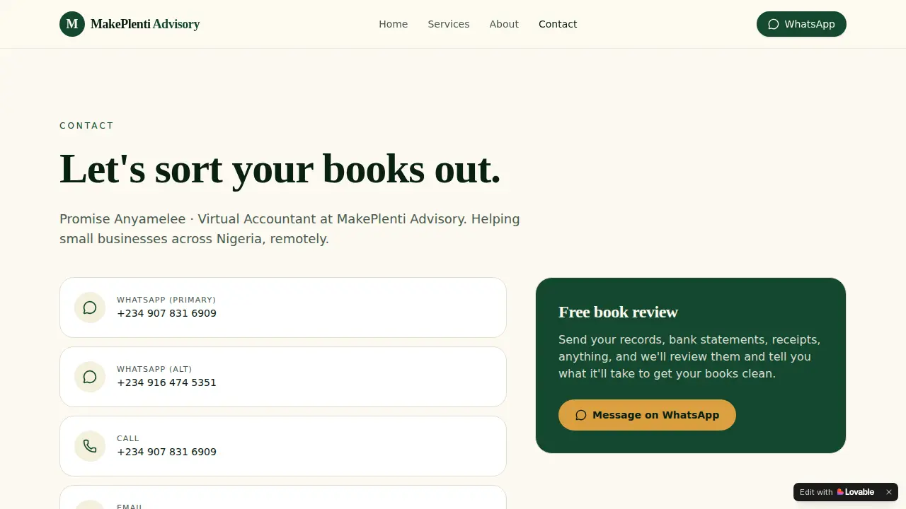 Makeplenti Accounting services page