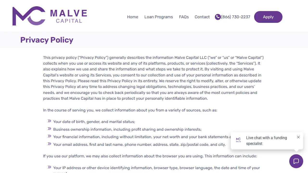 Malve Capital page
