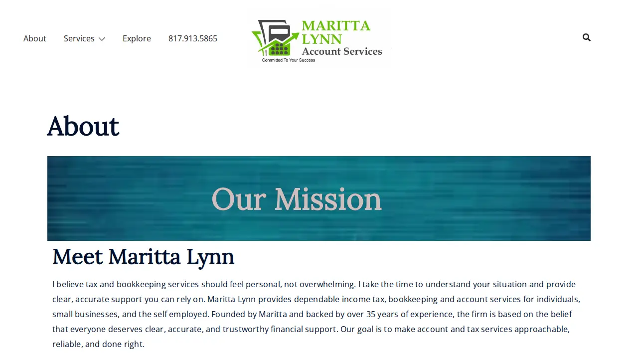 Maritta Lynn Bookkeeping,Tax Service and Account Services page
