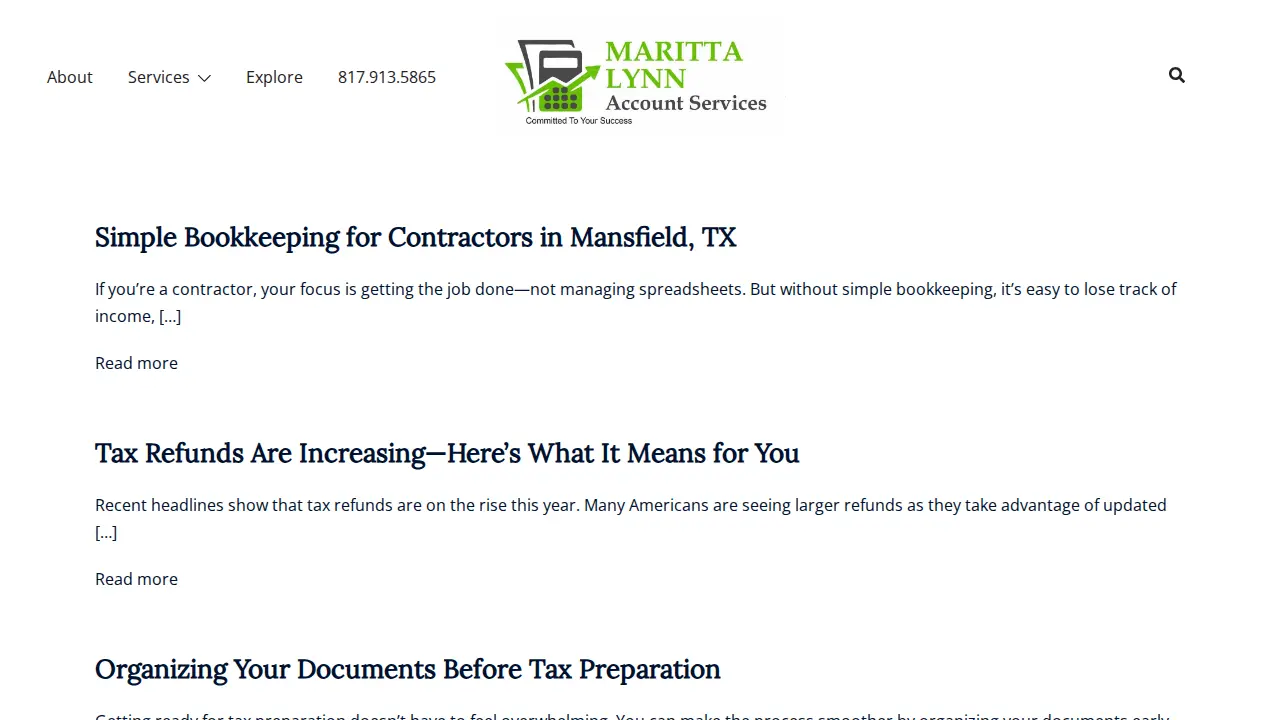 Maritta Lynn Bookkeeping,Tax Service and Account Services page