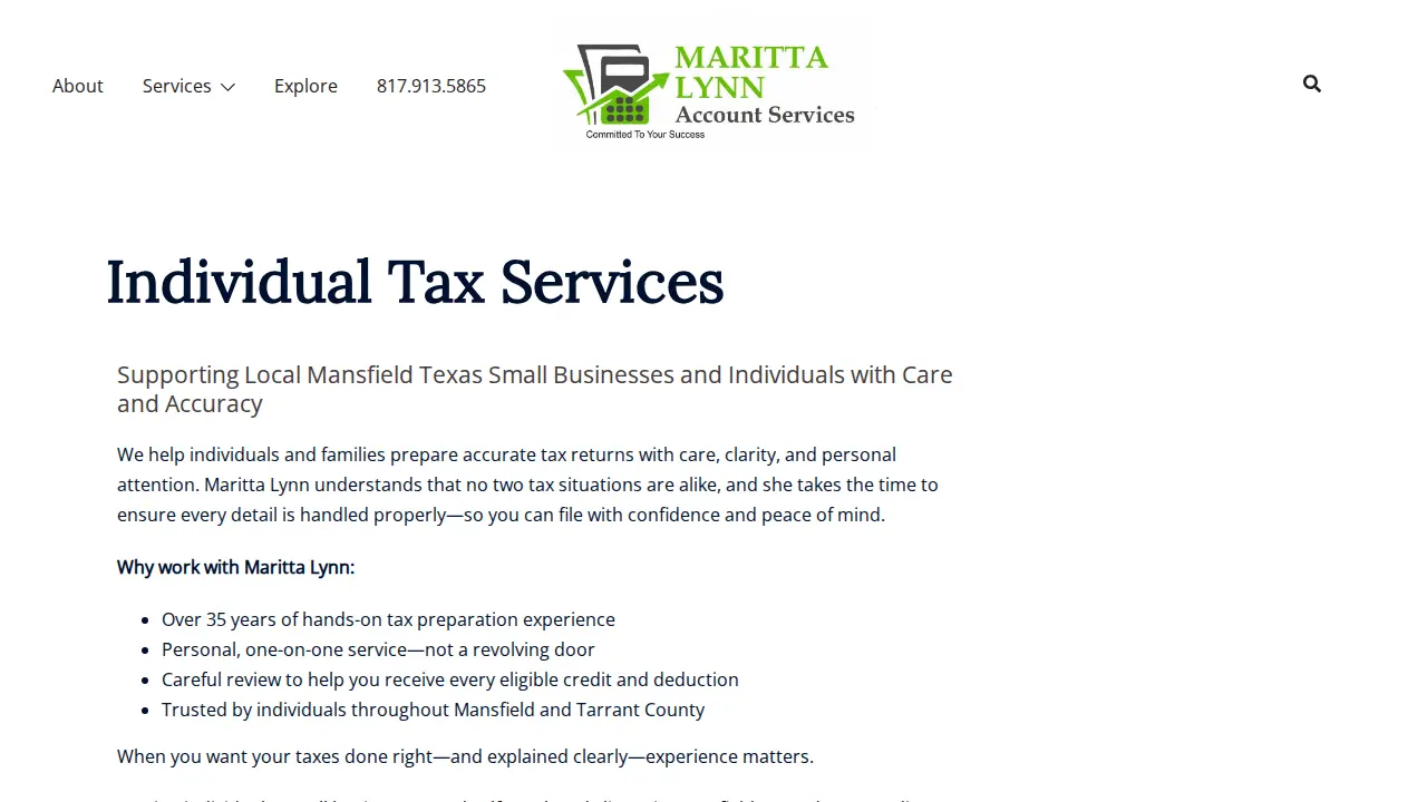 Maritta Lynn Bookkeeping,Tax Service and Account Services page