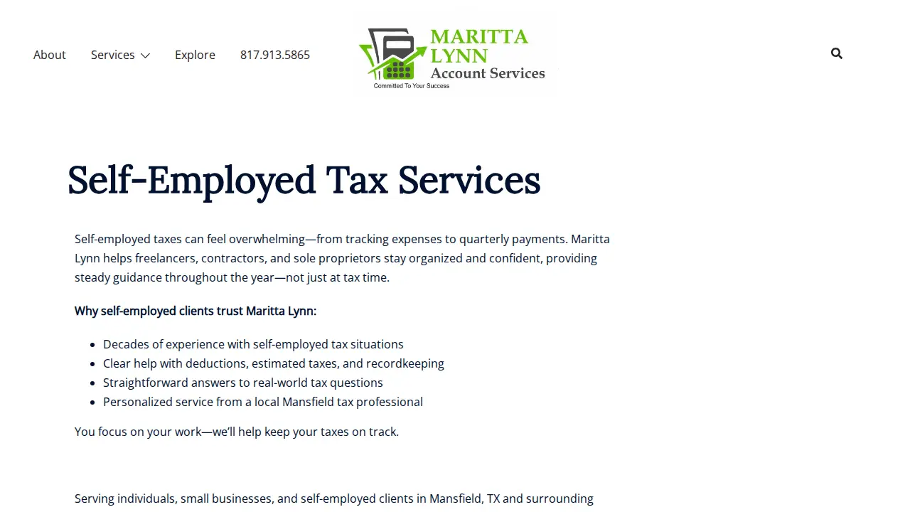 Maritta Lynn Bookkeeping,Tax Service and Account Services page