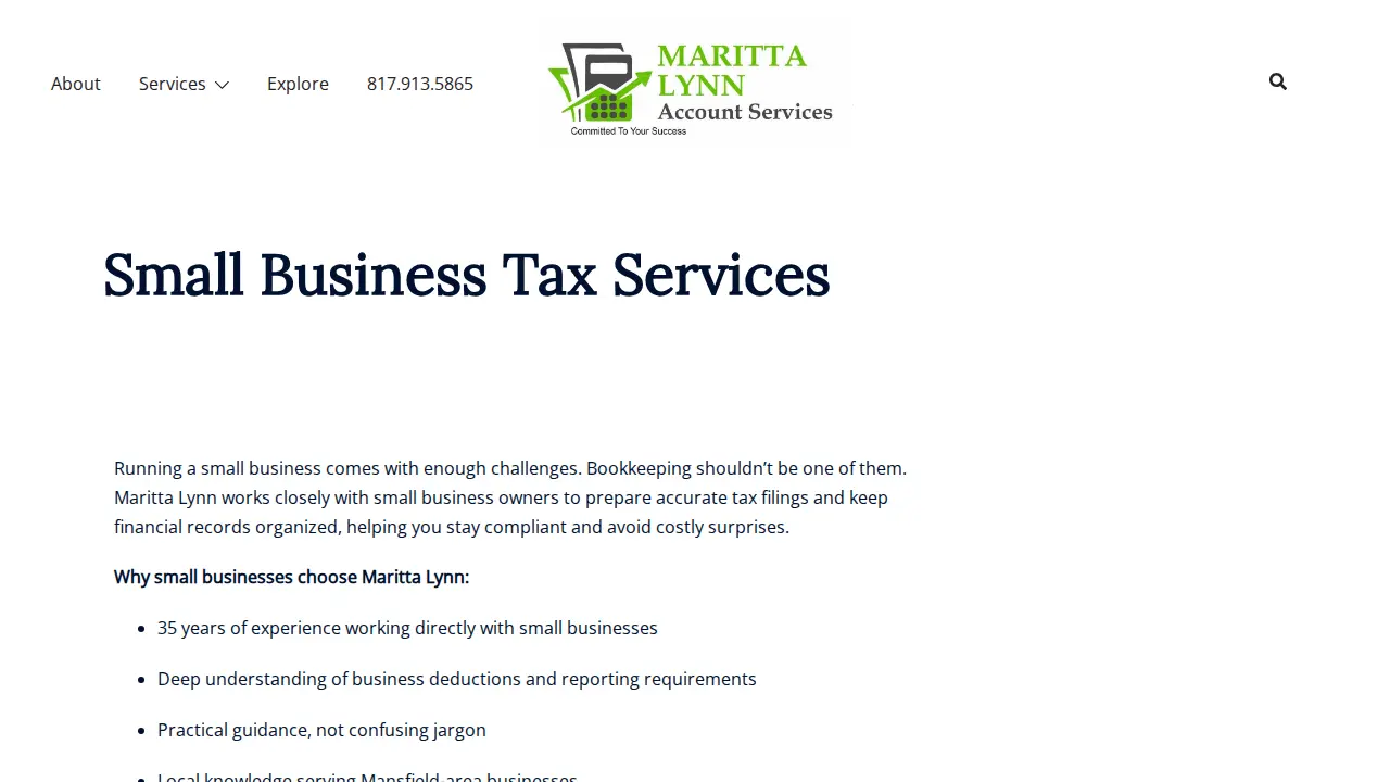 Maritta Lynn Bookkeeping,Tax Service and Account Services page
