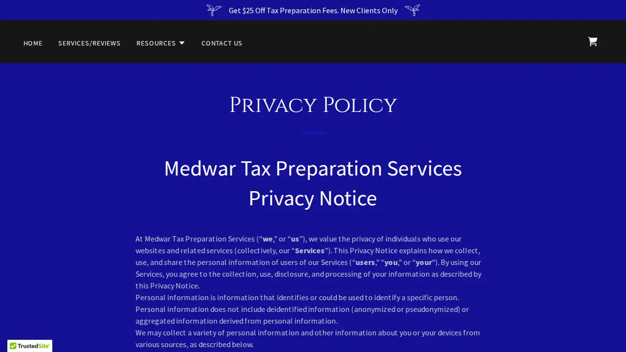 Medwar Tax Preparation Services page