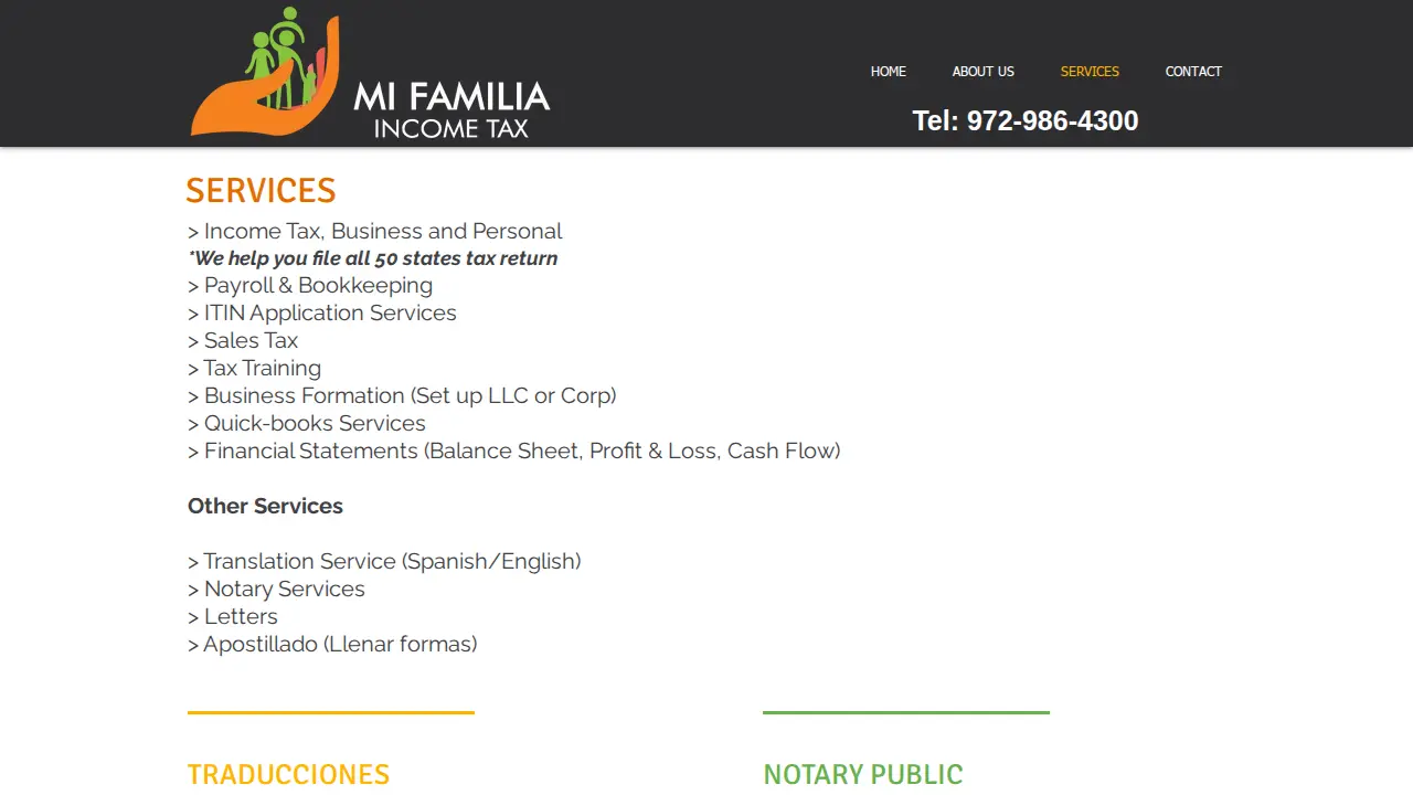 Mi Familia Income Tax Services page