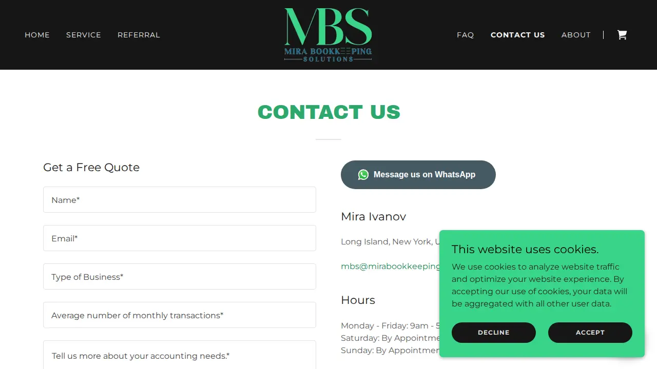 Mira Bookkeeping Solutions page