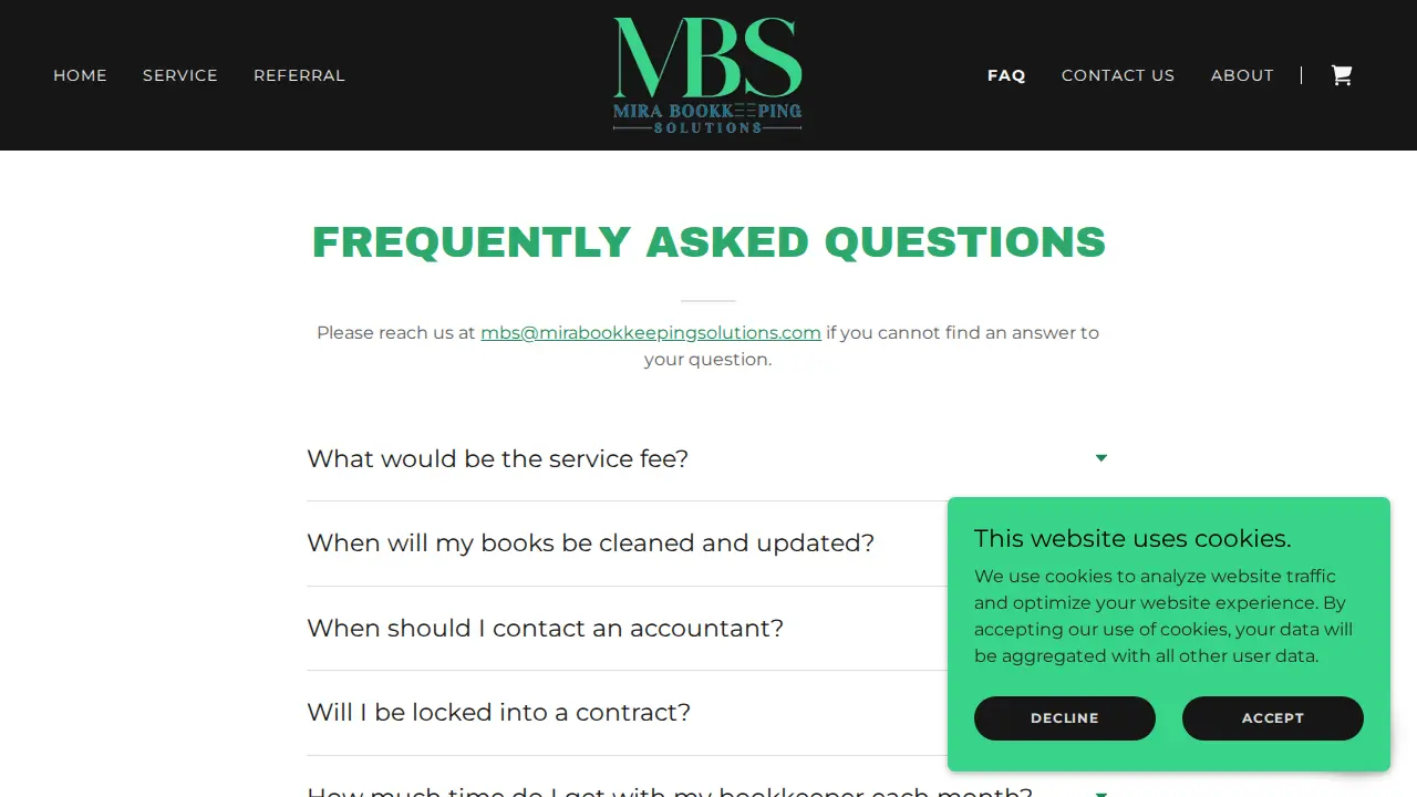 Mira Bookkeeping Solutions page