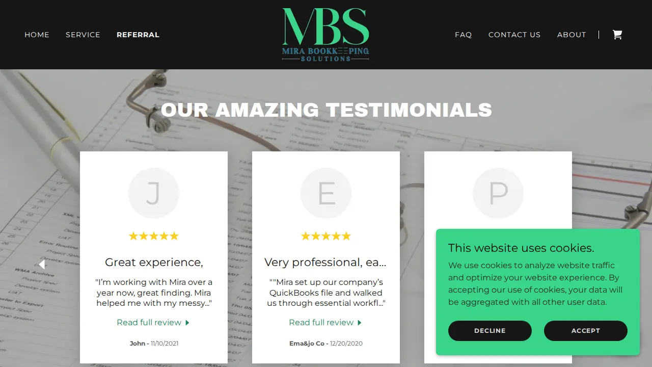Mira Bookkeeping Solutions page