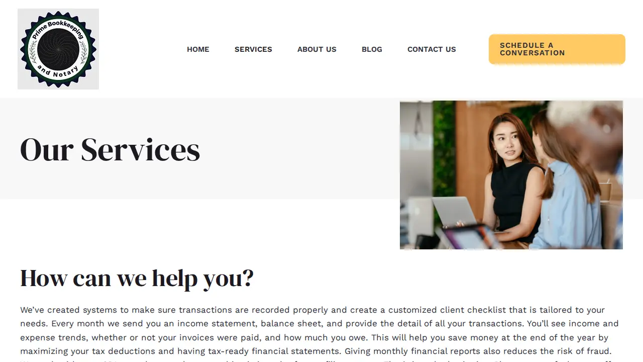 Prime Bookkeeping and Notary page