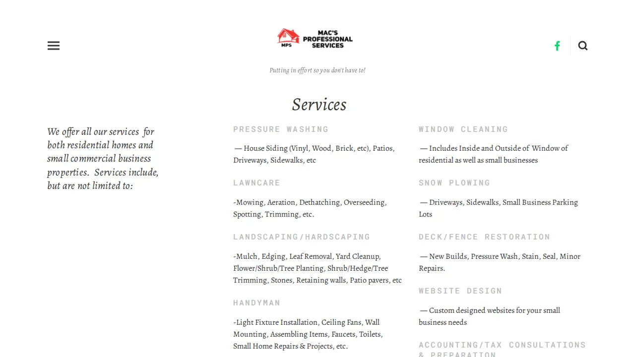 Mac's Professional Services page
