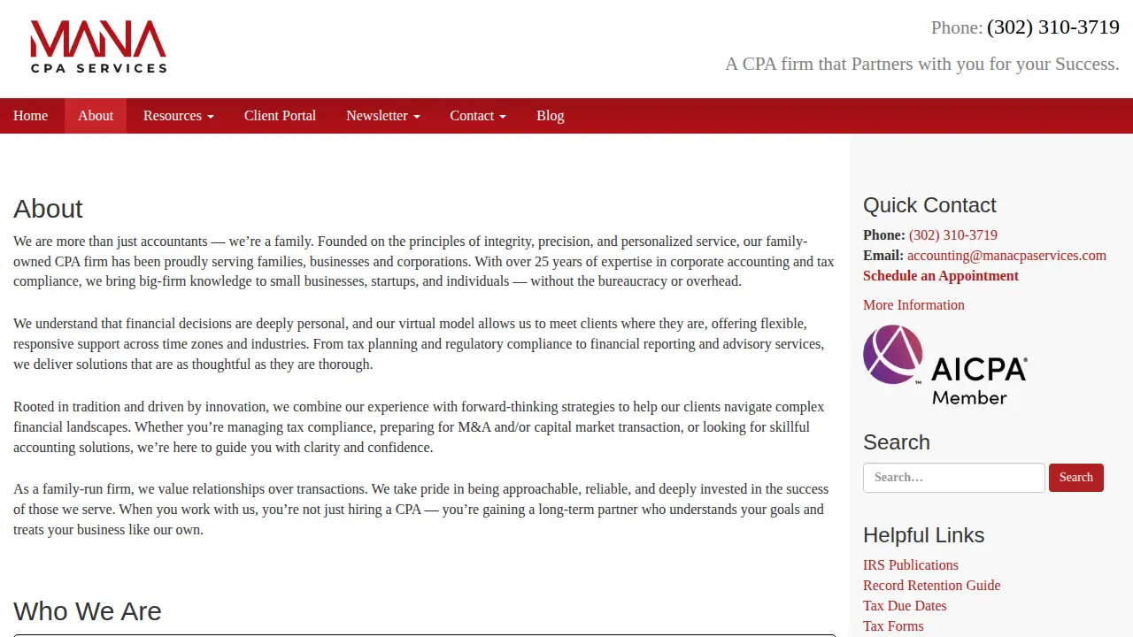 MANA CPA Services page