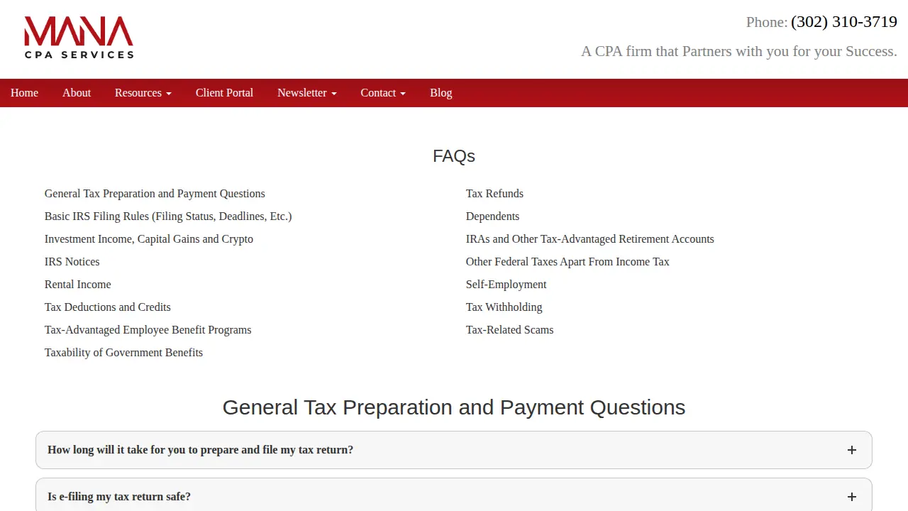 MANA CPA Services page