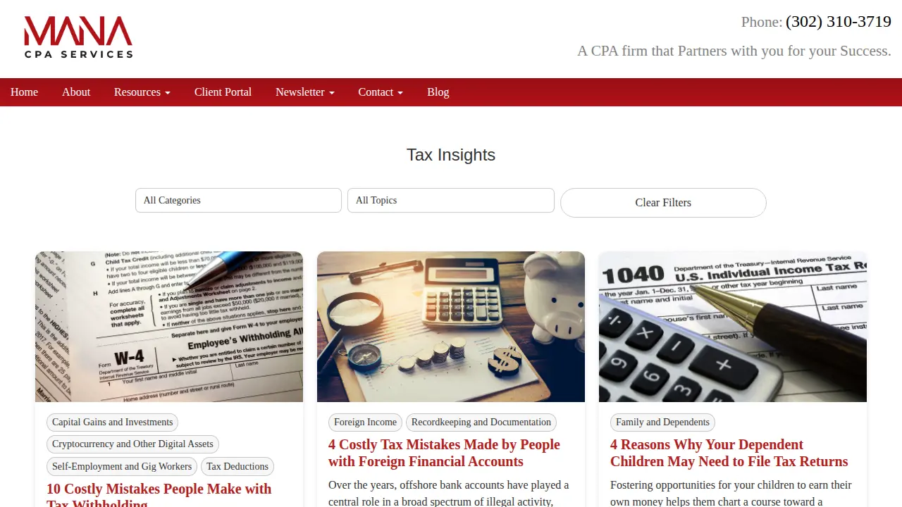 MANA CPA Services page