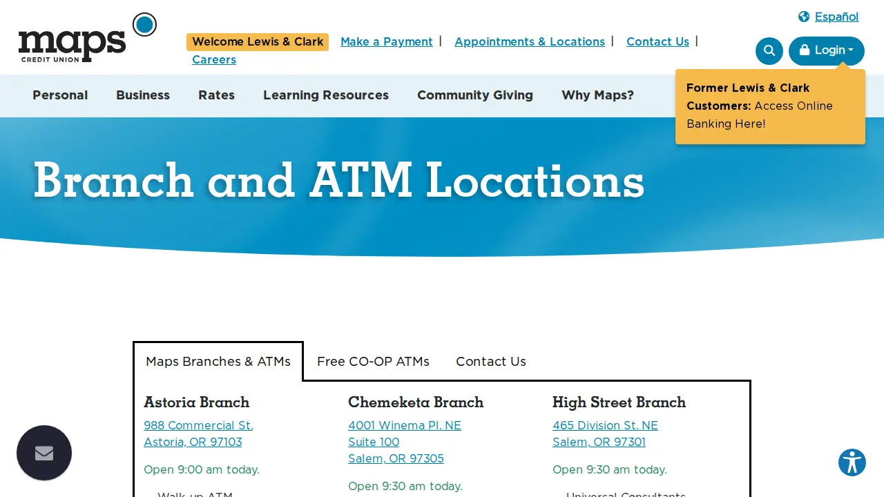 Maps Credit Union Oregon City Branch (formerly Lewis & Clark) page