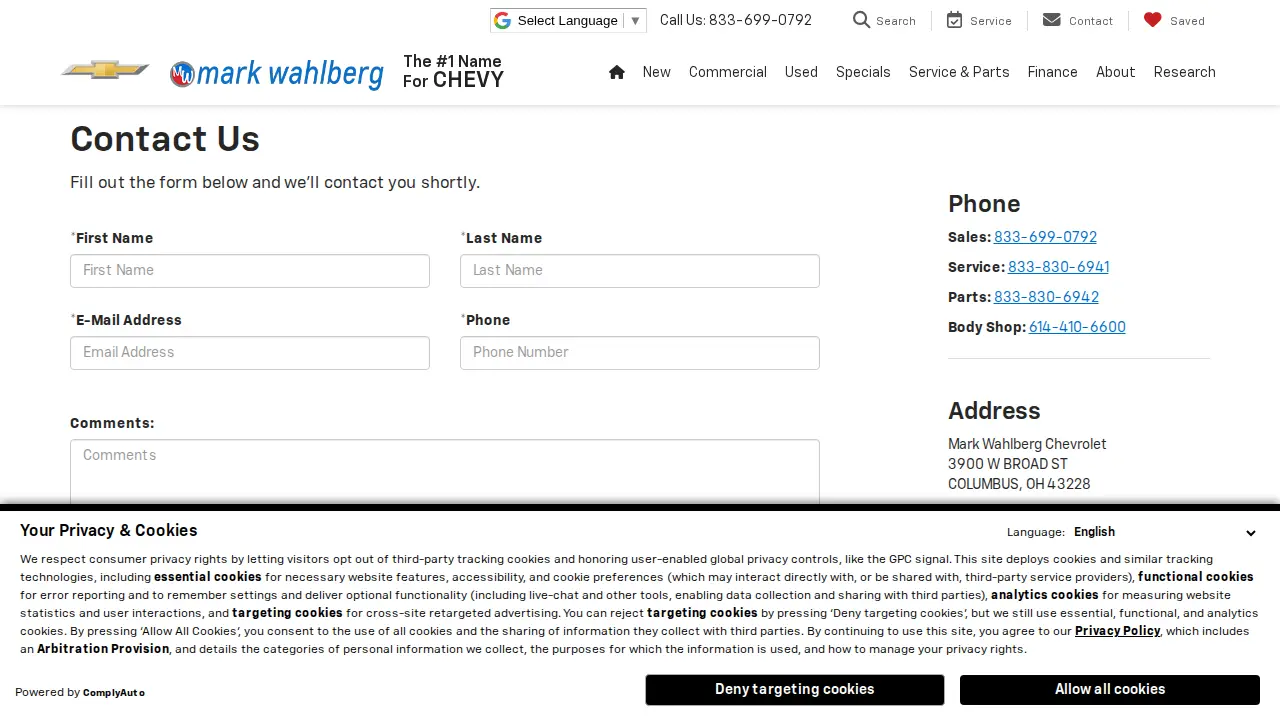 Mark Wahlberg Chevy Columbus Service Center page