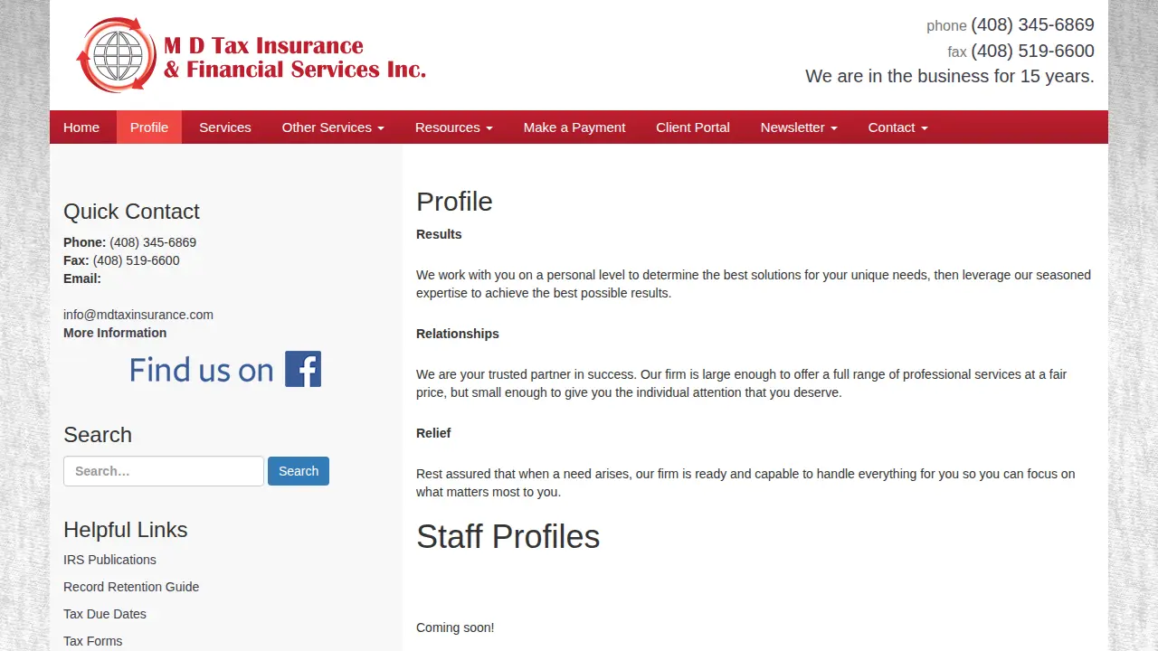 M D Tax Insurance and Financial Services Inc page