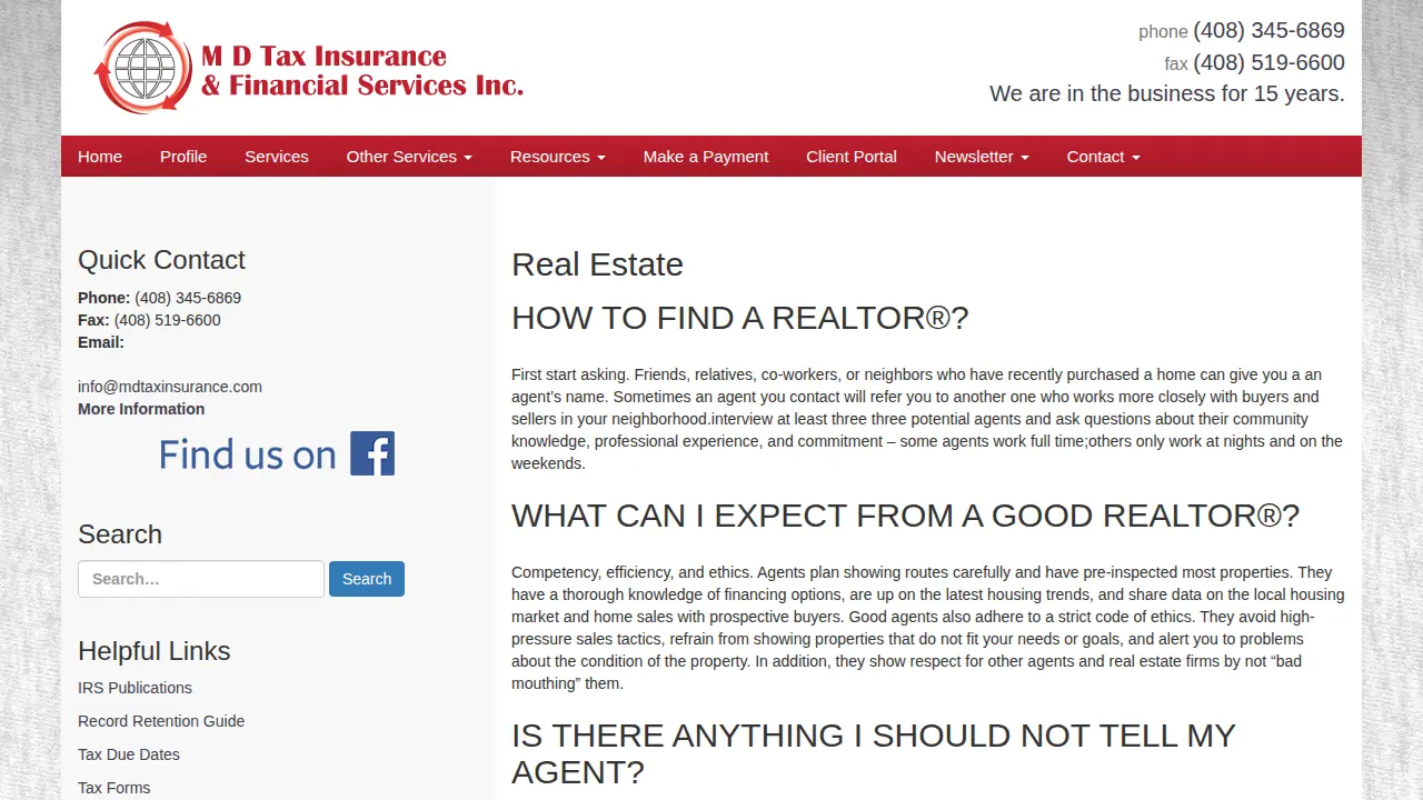 M D Tax Insurance and Financial Services Inc page