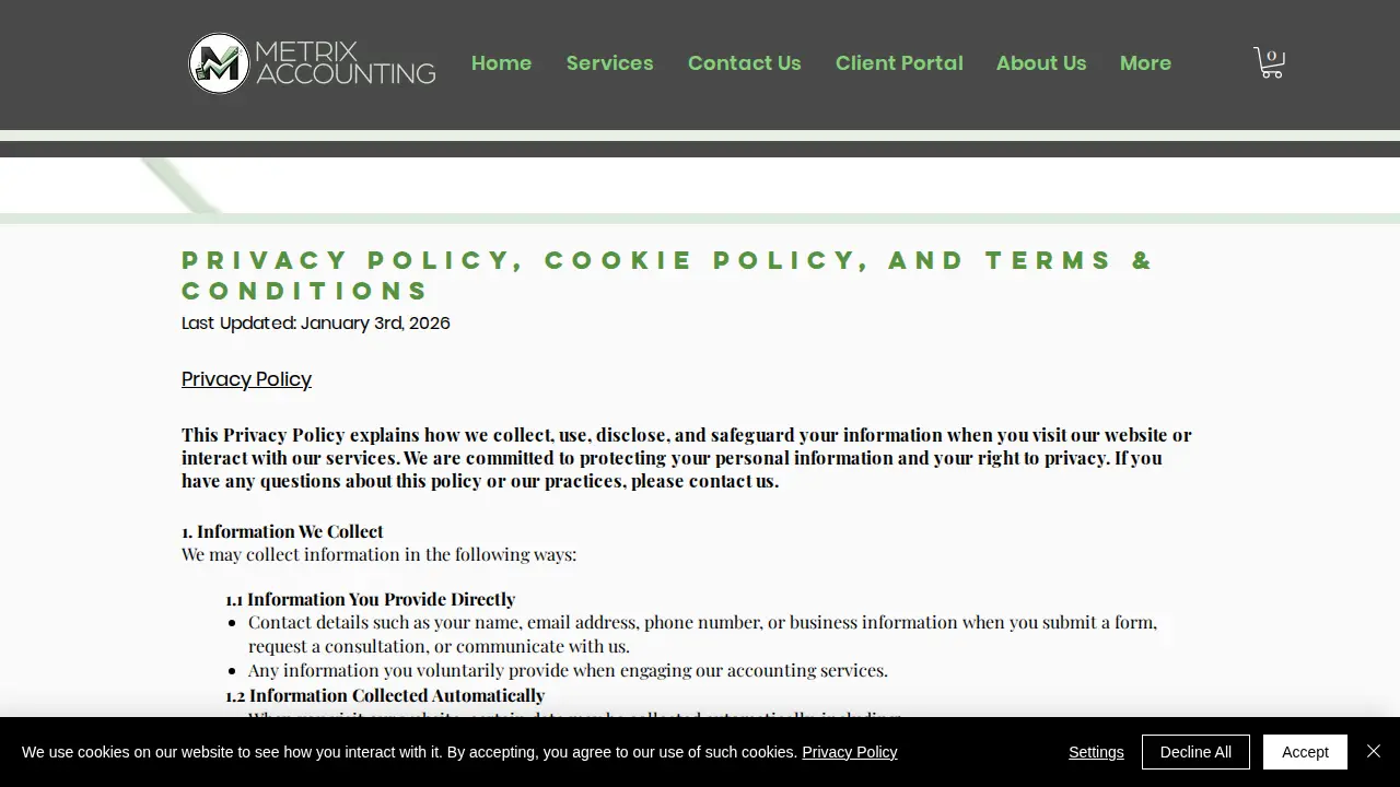 Metrix Accounting page