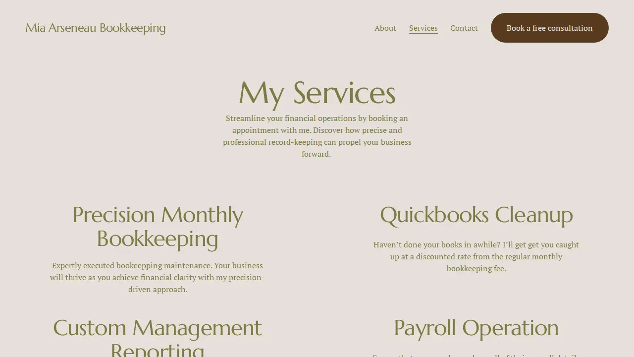 Mia Arseneau Bookkeeping page