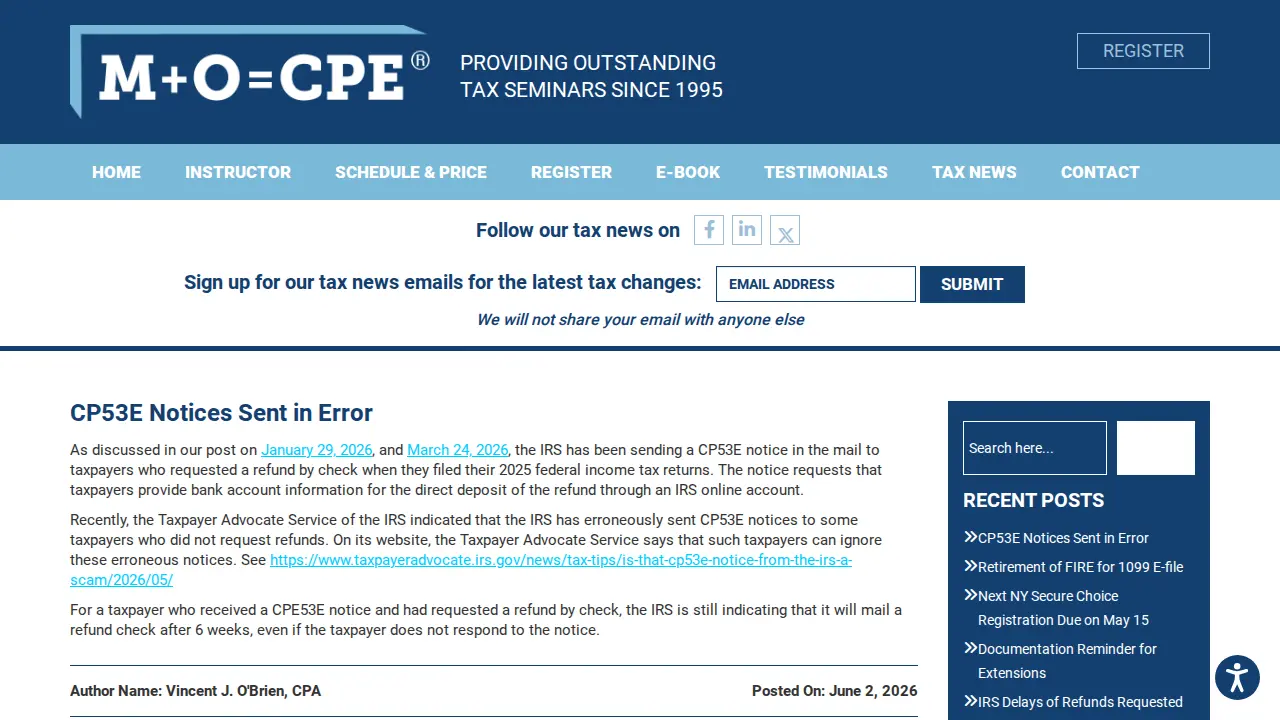 M + O = CPE, Vincent J. O'Brien, CPA page