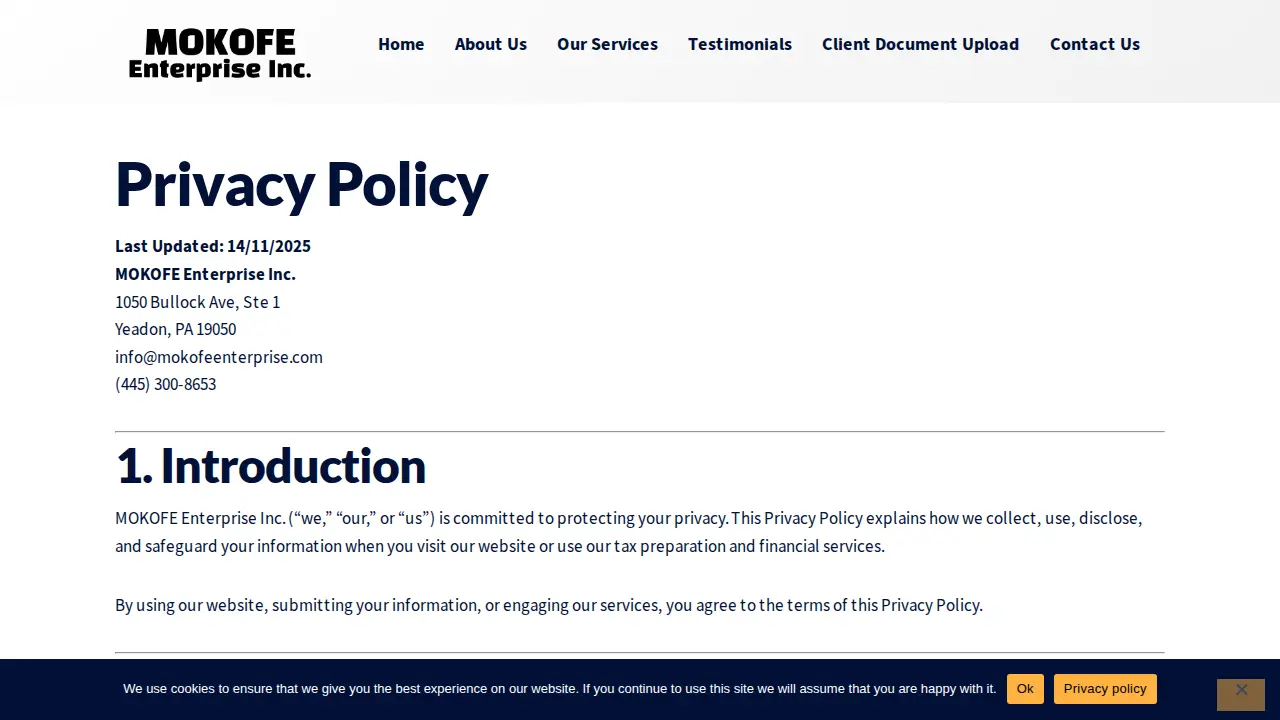 MOKOFE ENTERPRISE INC. page