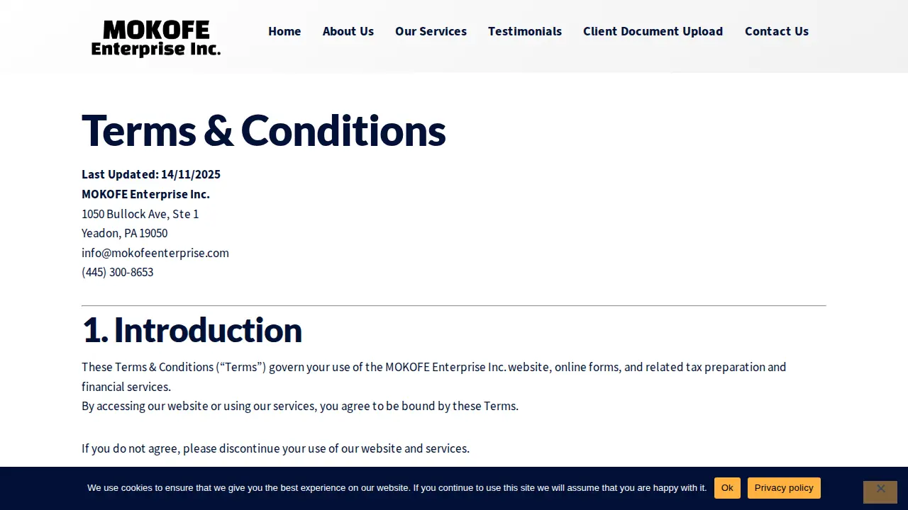 MOKOFE ENTERPRISE INC. page