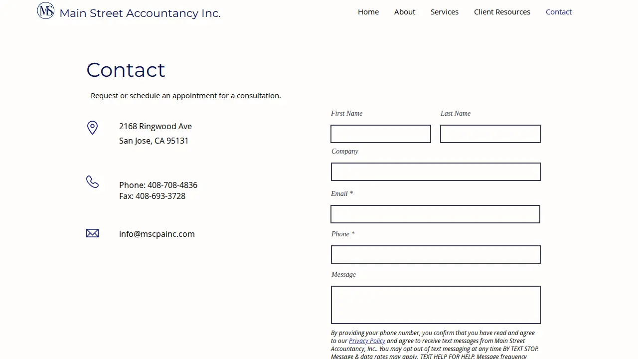 Main Street Accountancy, Inc., CPA page
