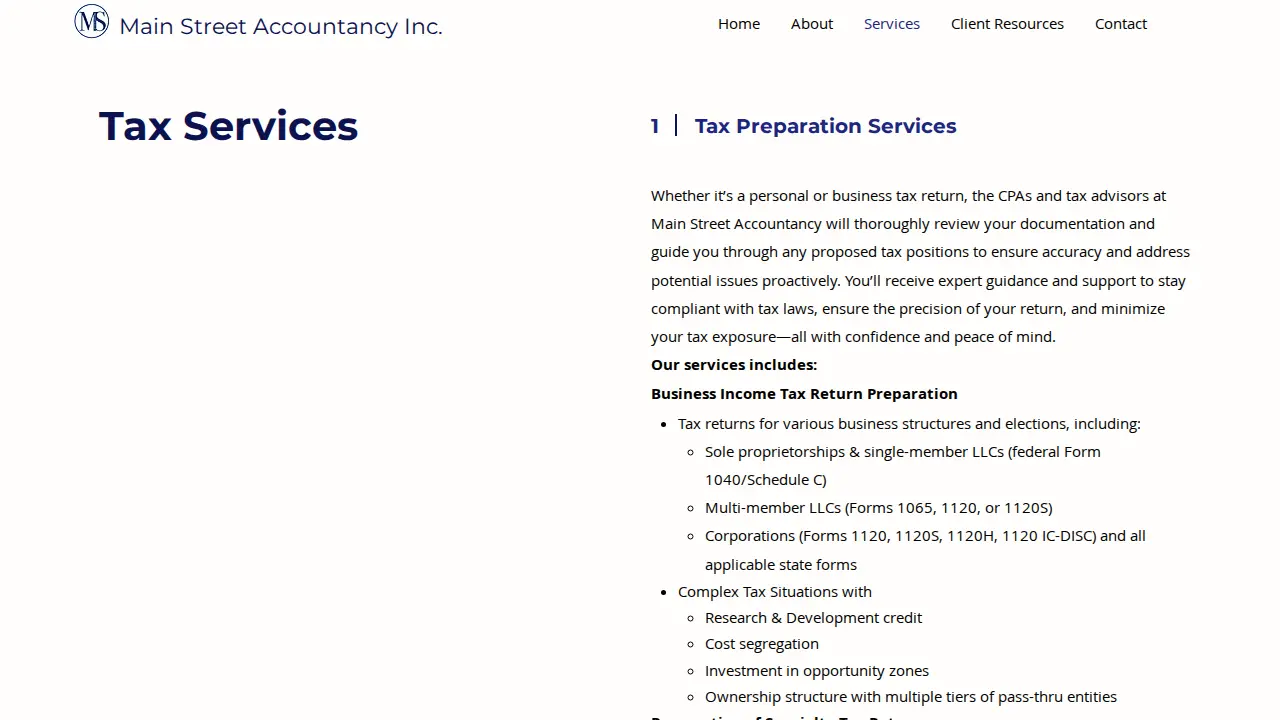 Main Street Accountancy, Inc., CPA page
