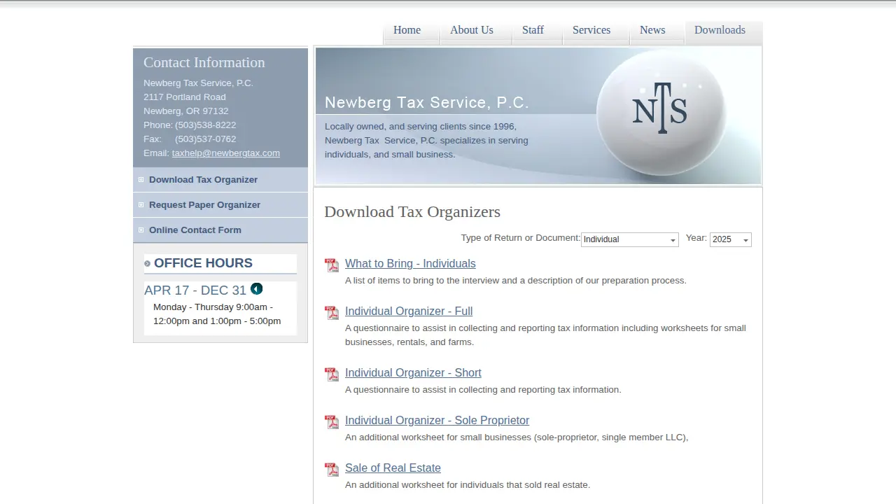 Newberg Tax Services page