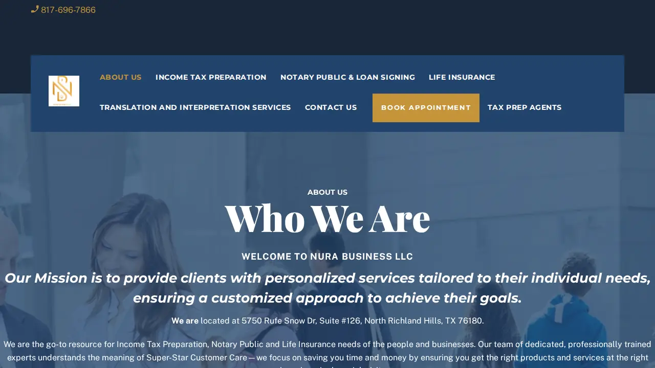 Nura Business Llc. Income tax Preparation, Documents translation(French and English), Life insurance, notary public page