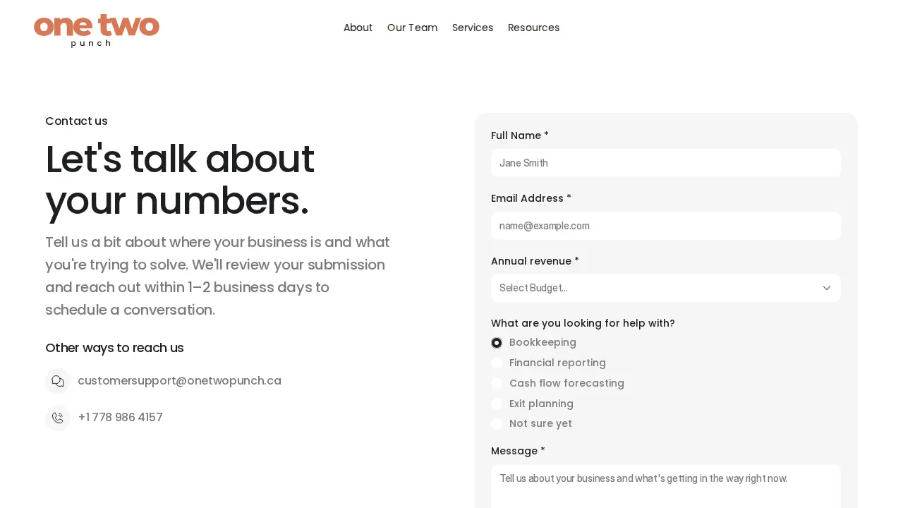 One Two Punch Business Solutions page