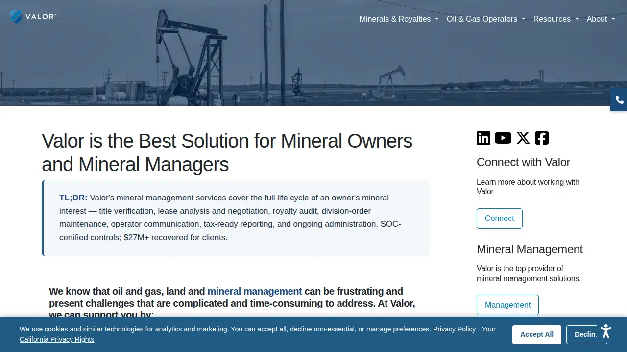 Valor Mineral Management page