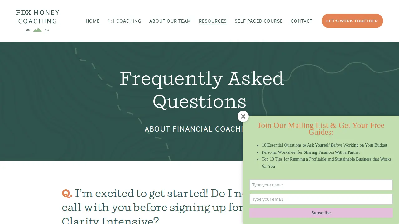 PDX Money Coaching page