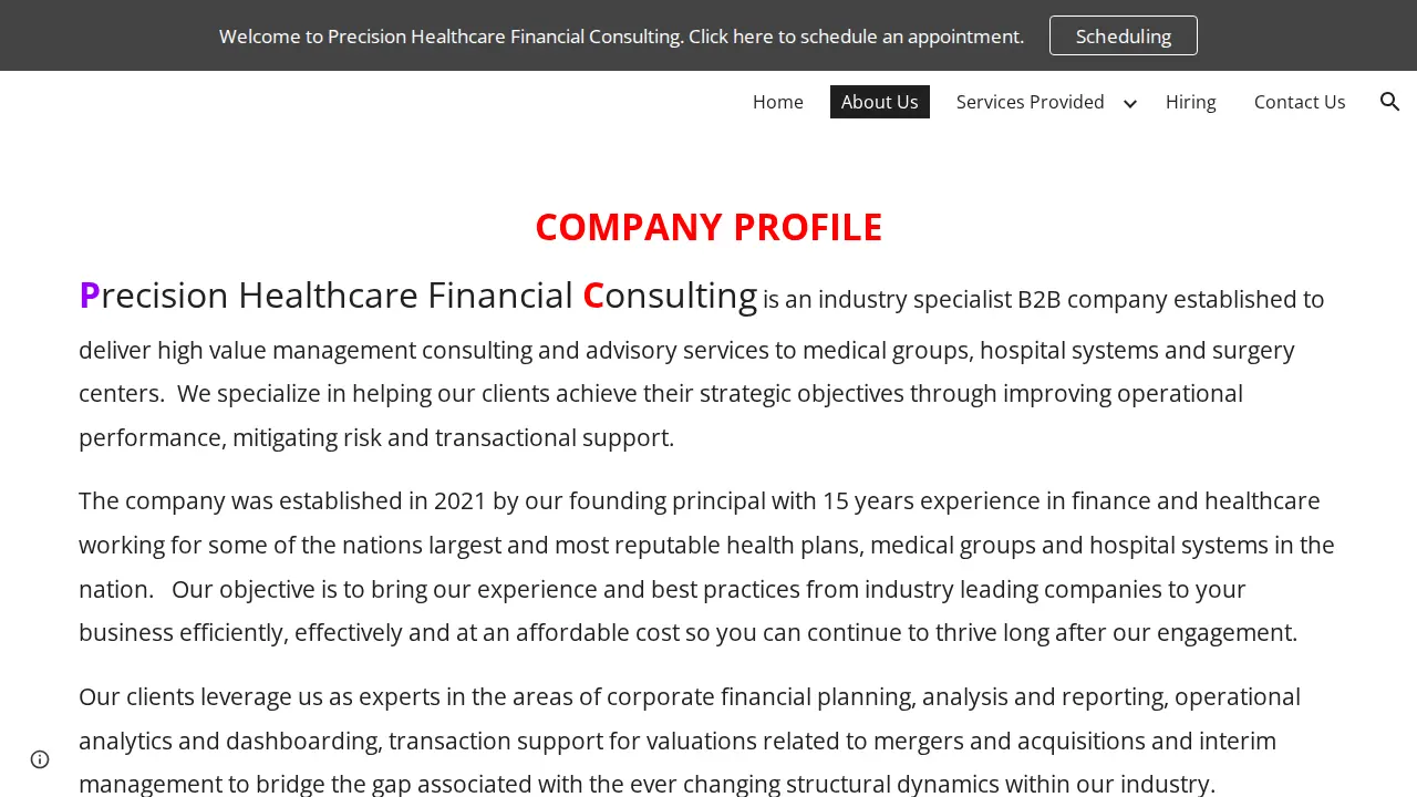 Precision Healthcare Financial Consulting LLC page