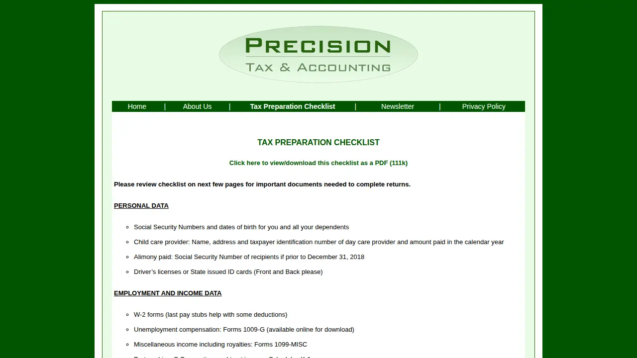 Precision Tax & Accounting page