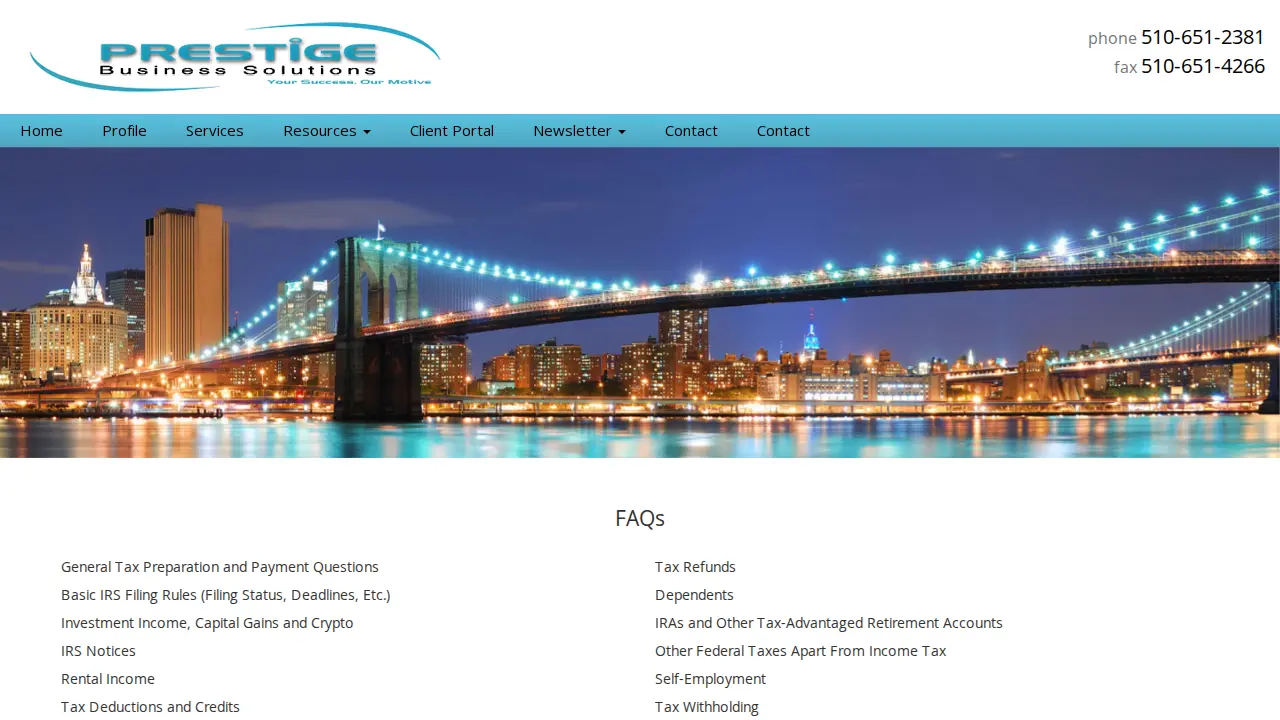 Prestige Business Solutions page
