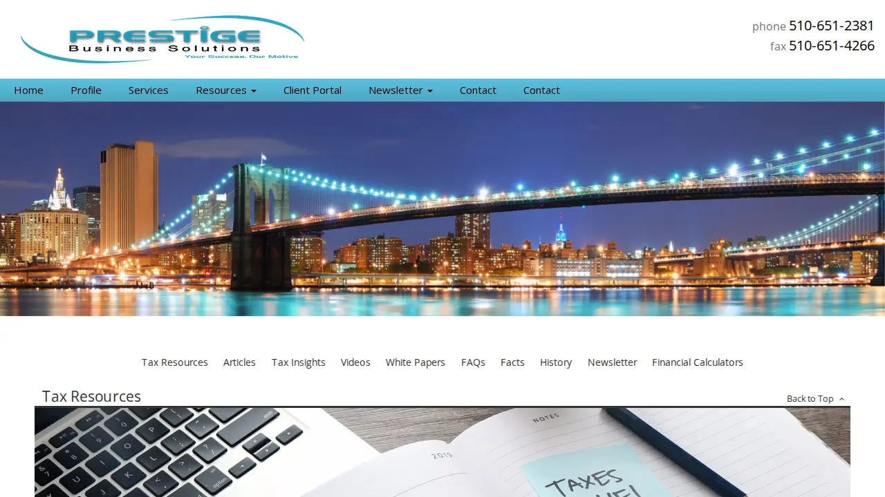 Prestige Business Solutions page