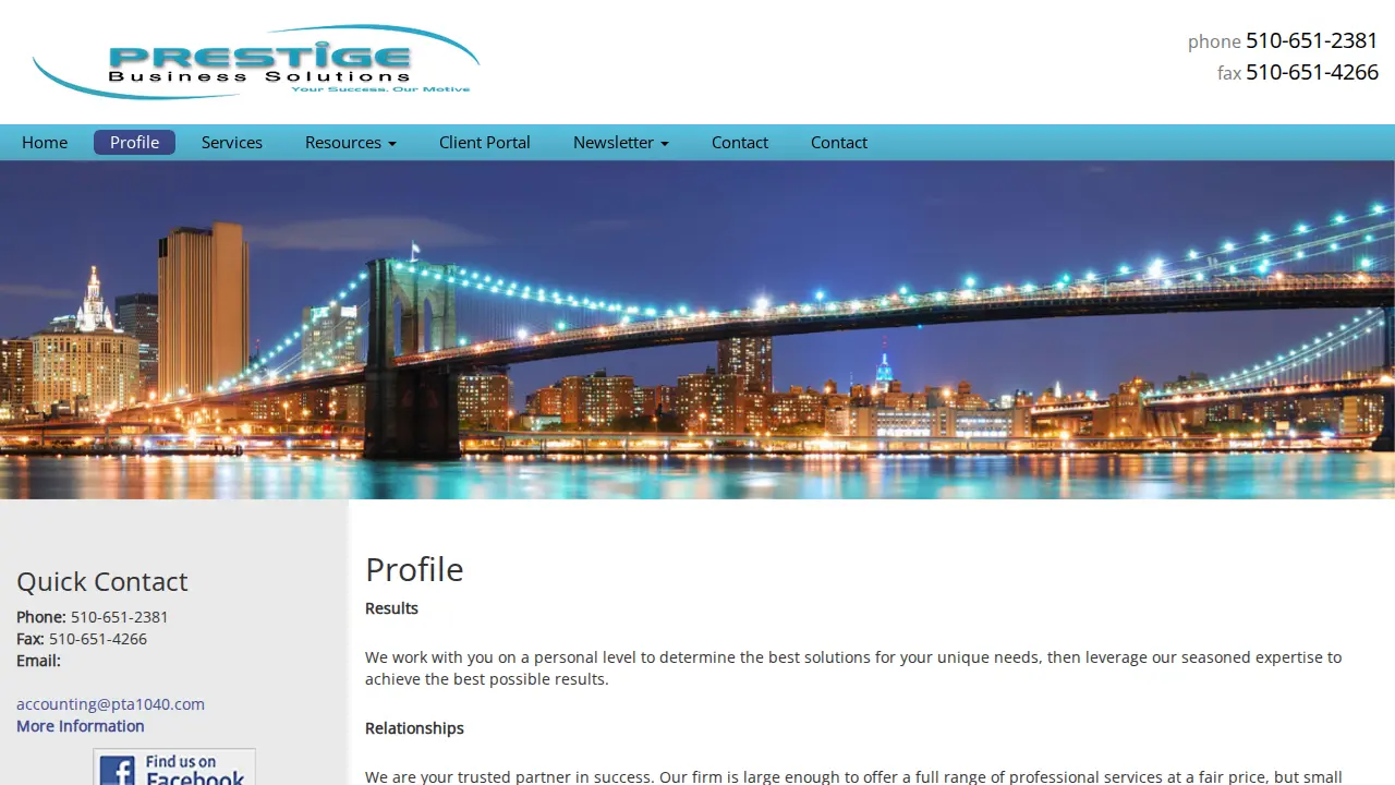 Prestige Business Solutions page